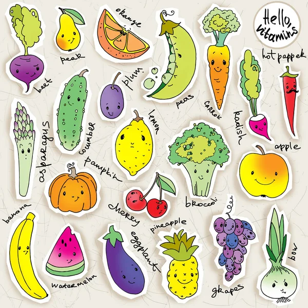 Милый овощей и фруктов. набор продуктов питания. мультфильм овощной — стоковое фото