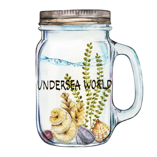 Слово-подводный мир. Isoleted стакан с морской пейзаж жизни - океан и подводный мир с различными жителей. Аквариум концепция плакаты, футболки, наклейки, веб-сайты, почтовые открытки — стоковое фото