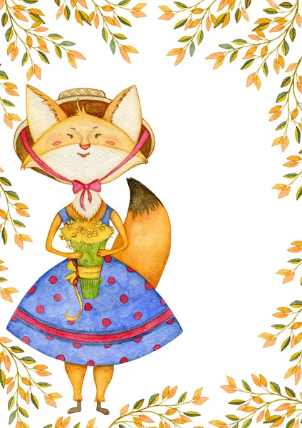 Красивая открытка с милой fox в голубом платье и шляпе и осенние листья. Забавный мультипликационный персонаж. Акварель рисованной иллюстрации — стоковое фото