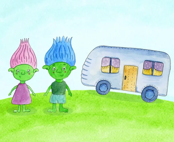 Мультфильм зеленый троллей - девочка и мальчик, рядом с прицепом на лугу. Акварель рисованной иллюстрации cheldrens — стоковое фото