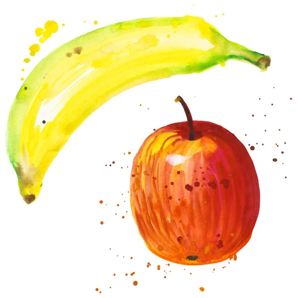 Экзотические банан и apple дикорастущих плодов в стиле акварели изолированные — стоковое фото