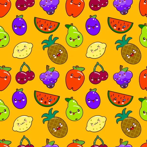 Бесшовный фон красочные милые фрукты персонажи Каваи. яблоко, груша, клубника, апельсин, банан, арбуз, ананас, виноград, вишня, лимон, гранат. Плоский дизайн — стоковое фото