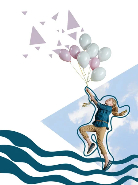 Девушка, летающая с воздушными шарами — стоковое фото
