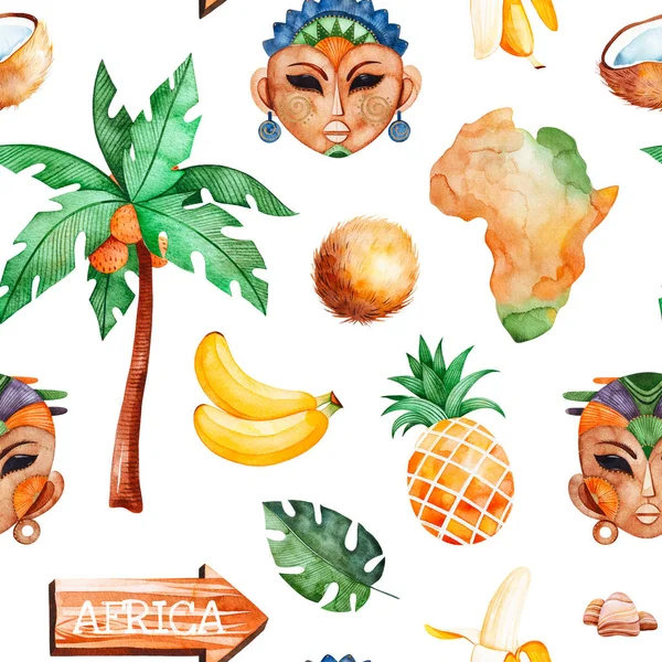 Africa Watercolor Seamless Pattern Safari Collection African Masks Fruits Wooden — стоковое фото