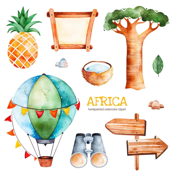 Africa Watercolor Set Pineapple Coconut Baobab Binocular Wooden Sign Stones — стоковое фото