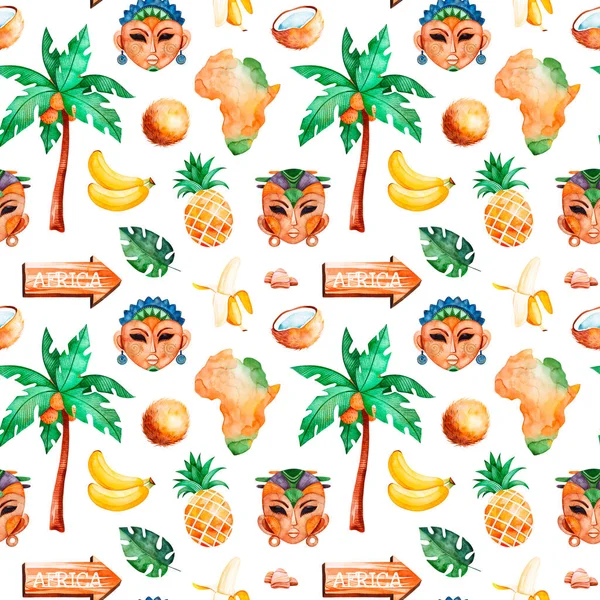 Africa Watercolor Seamless Pattern Safari Collection African Masks Fruits Wooden — стоковое фото