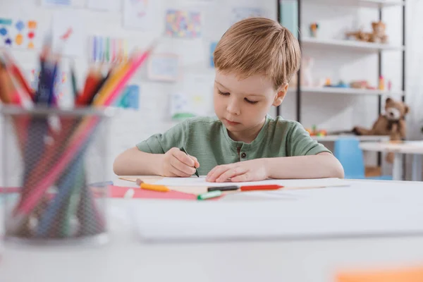 Portrait Preschooler Drawing Picture Pencils Table Classroom — стоковое фото