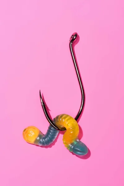 Colorful Gummy Worm Fishing Hook Pink — стоковое фото