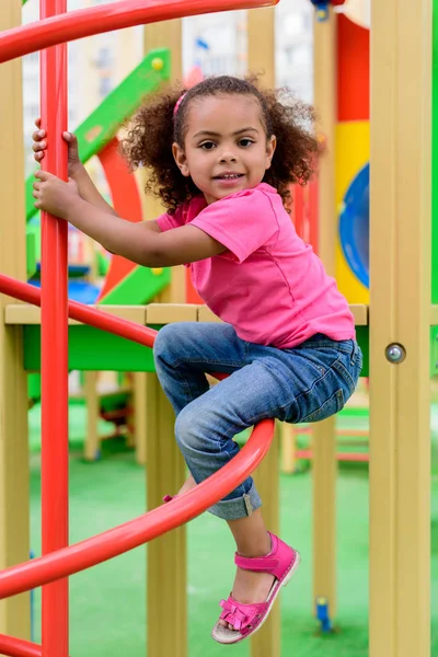 Smiling Curly African American Little Child Having Fun Playground — стоковое фото