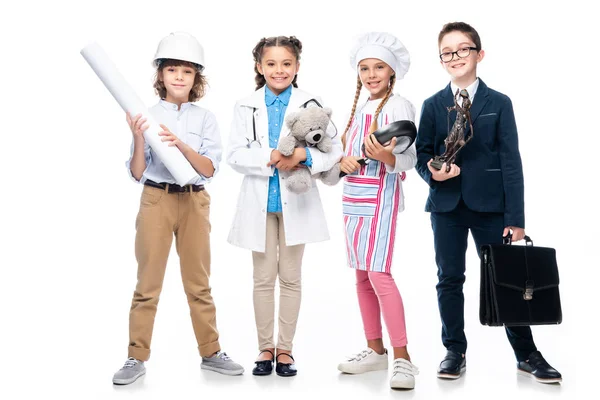 Happy Schoolchildren Costumes Different Professions Isolated White — стоковое фото