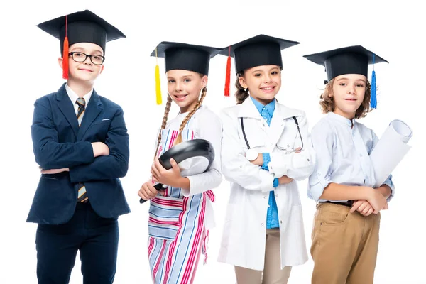 Schoolchildren Costumes Different Professions Graduation Caps Isolated White — стоковое фото
