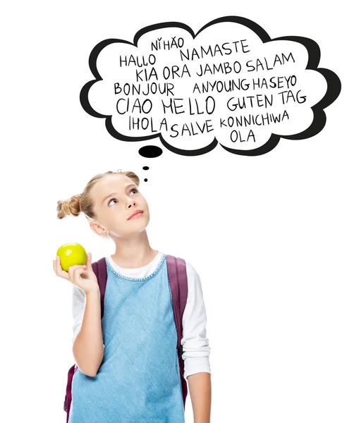 Schoolchild Holding Apple Looking Words Different Languages Speech Bubble Isolated — стоковое фото