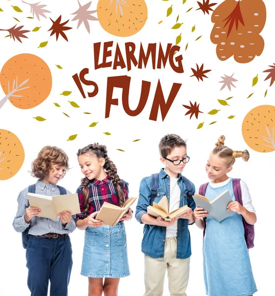 Friends Standing Reading Books Isolated White Learning Fun Lettering — стоковое фото