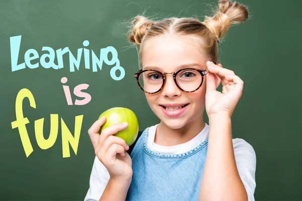 Schoolchild Holding Apple Touching Glasses Blackboard Learning Fun Lettering — стоковое фото