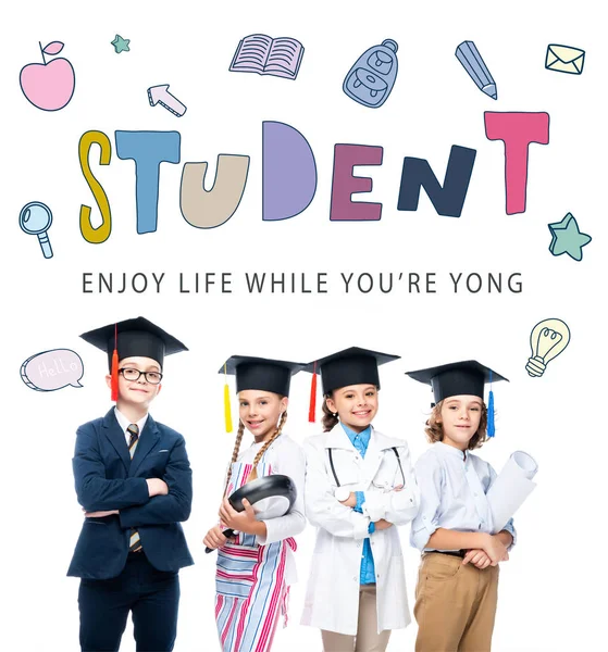 Schoolchildren Costumes Different Professions Graduation Caps Isolated White Educational Icons — стоковое фото
