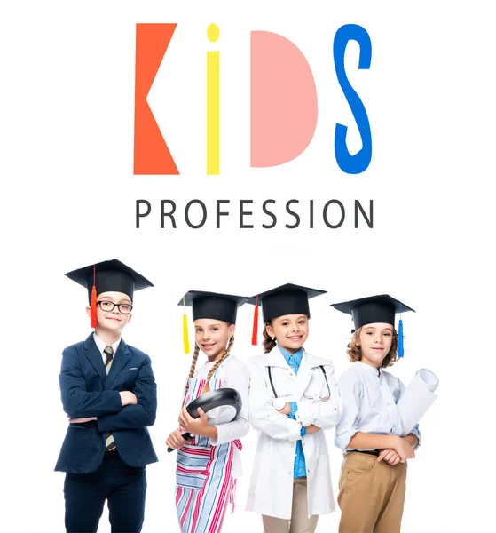 Schoolchildren Costumes Different Professions Graduation Caps Isolated White Kids Profession — стоковое фото