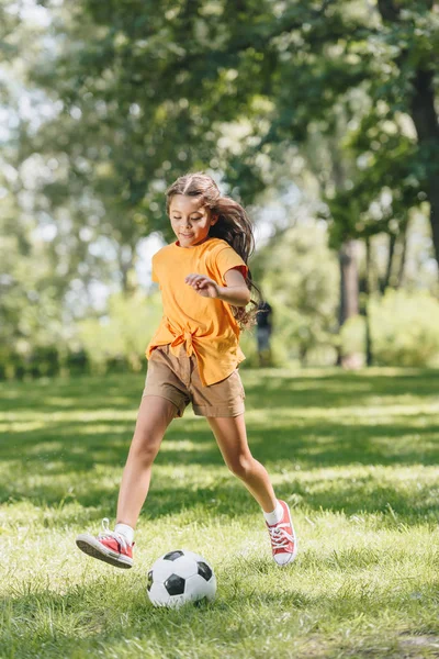 Adorable Smiling Child Playing Soccer Ball Park — стоковое фото