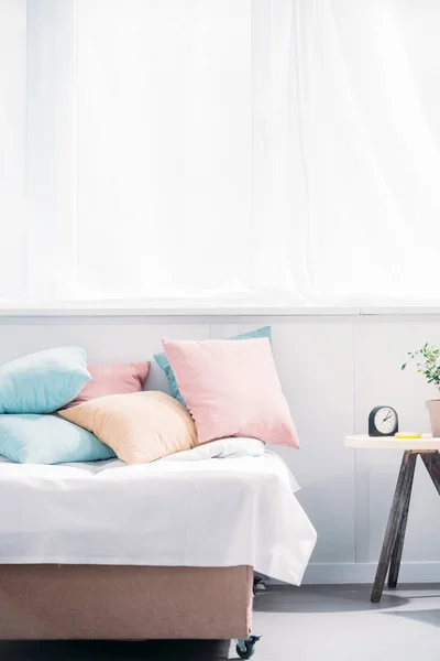 Bed Lot Pillows Modern Light Room Alarm Clock Plant Bedside — стоковое фото