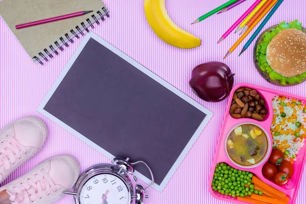 Top View Blackboard Tray Kids Lunch School Trendy Violet Surface — стоковое фото