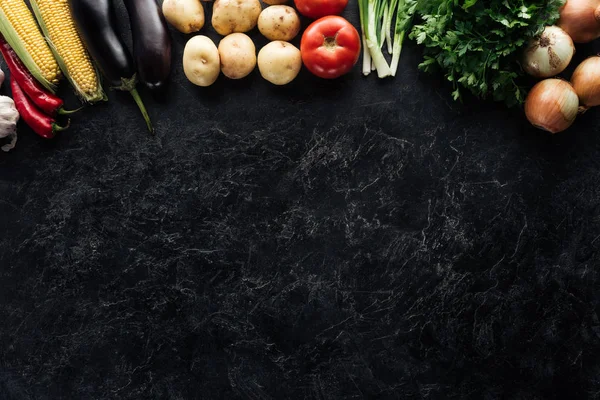 Flat Lay Food Composition Autumn Harvest Black Marble Surface — стоковое фото