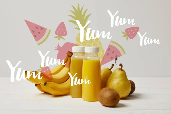 Yellow Detox Smoothies Bottles Bananas Pears Kiwis White Background Yum — стоковое фото