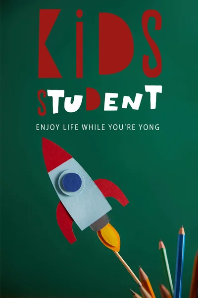 Pencils Colorful Rocket Green Chalkboard Kids Student Enjoy Life While — стоковое фото