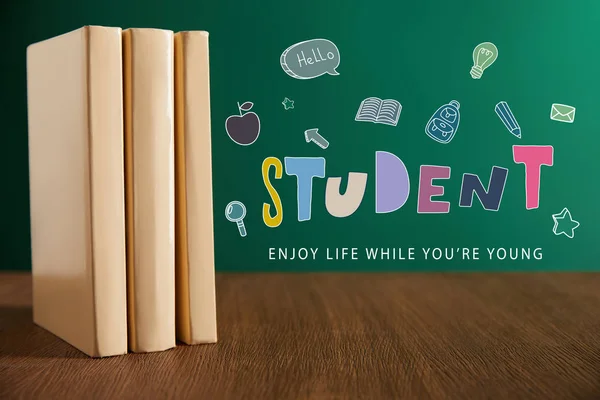 Three Books Wooden Table Chalkboard Background Student Enjoy Life While — стоковое фото