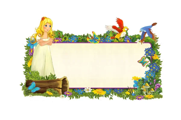 Cartoon Scene Floral Frame Beautiful Girls Princess Title Page Space — стоковое фото