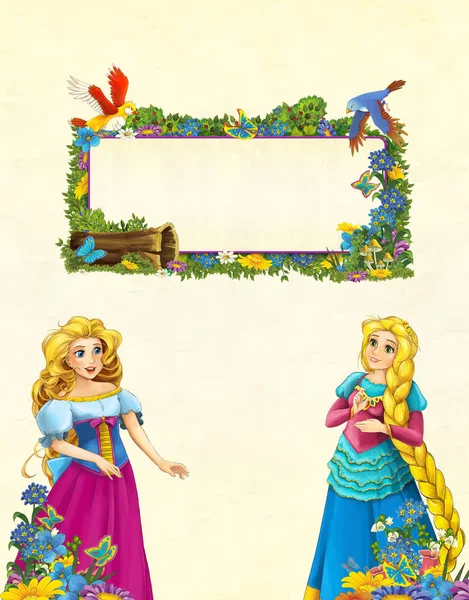 Cartoon Scene Floral Frame Beautiful Girls Princesses Title Page Space — стоковое фото