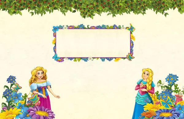 Cartoon Scene Floral Frame Beautiful Girls Princesses Title Page Space — стоковое фото