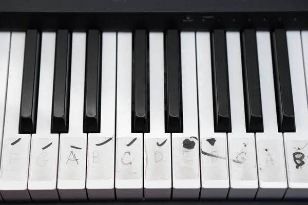 Notes written on piano keys — стоковое фото