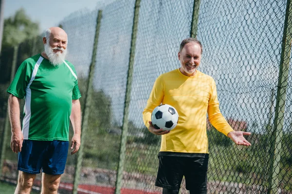 Portrait Old Smiling Men Football Uniform Football Ball Field — стоковое фото