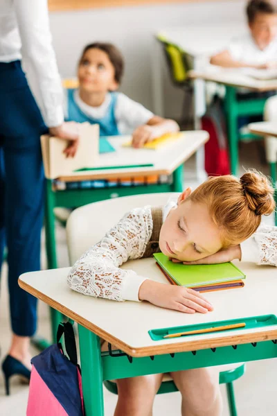 Tired Little Schoolgirl Sleeping Desk Lesson — стоковое фото
