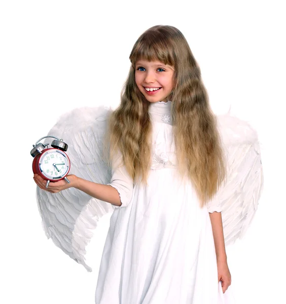 Девушка в костюме ангела с часами — стоковое фото
