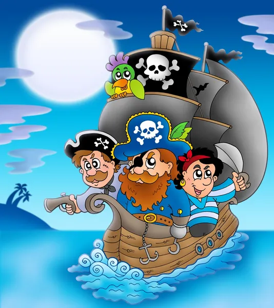 Парусник с мультфильм Пираты ночью — стоковое фото