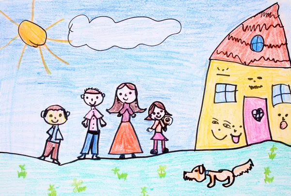 Счастливая семья - рисунок мелка — стоковое фото