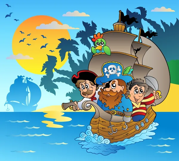 Три Пираты в лодке вблизи острова — стоковый вектор