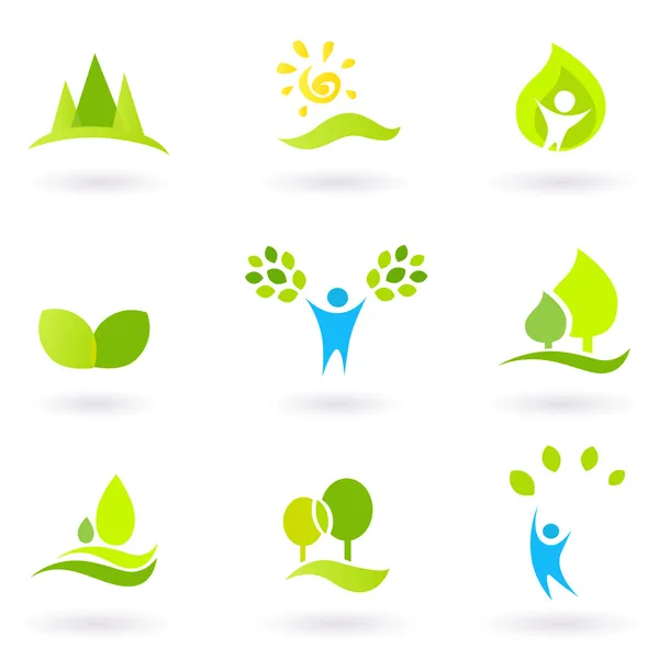 Tree, leaves and ecology vector icon set (blue and green) — стоковый вектор