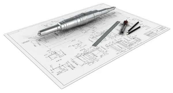 Металлическая ось, компасы, линейки и карандаши в чертеже по инженерных — стоковое фото