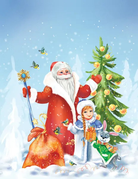 Дед Мороз и Снегурочка в зимний пейзаж — стоковое фото