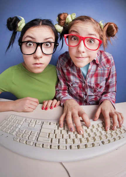 Сестры-близнецы на компьютере — стоковое фото