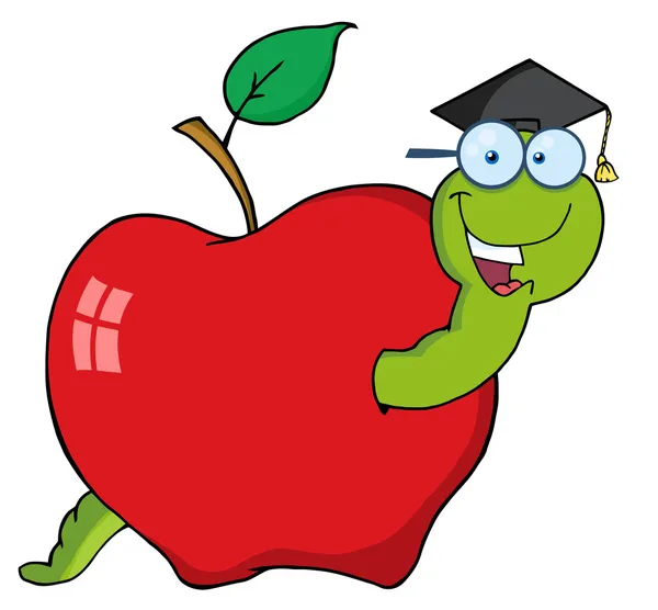 Счастливый студент червя в яблоко — стоковое фото