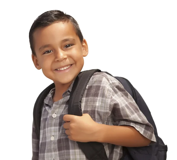 Счастливый мальчик испаноязычное готовы к школе на белом — стоковое фото