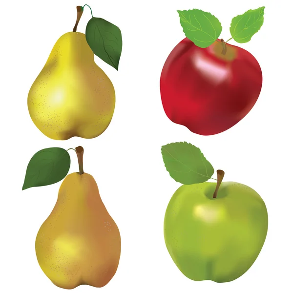 Набор красных и зеленых яблок и желтых груш изолирован на белом фоне — стоковый вектор
