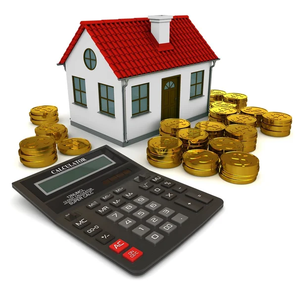 Дом с красной крышей, калькулятор, стек золотые монеты доллар — стоковое фото