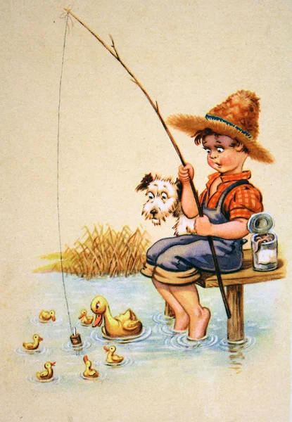 Boy fisher, antique postcard — стоковое фото