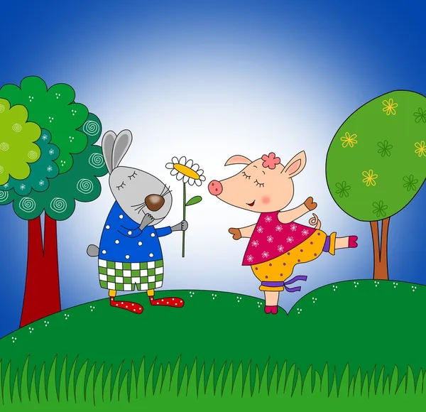 Кролик и свиньи. Персонажи мультфильмов — стоковое фото