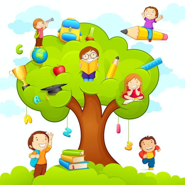 Дети, учащиеся на дереве — стоковый вектор